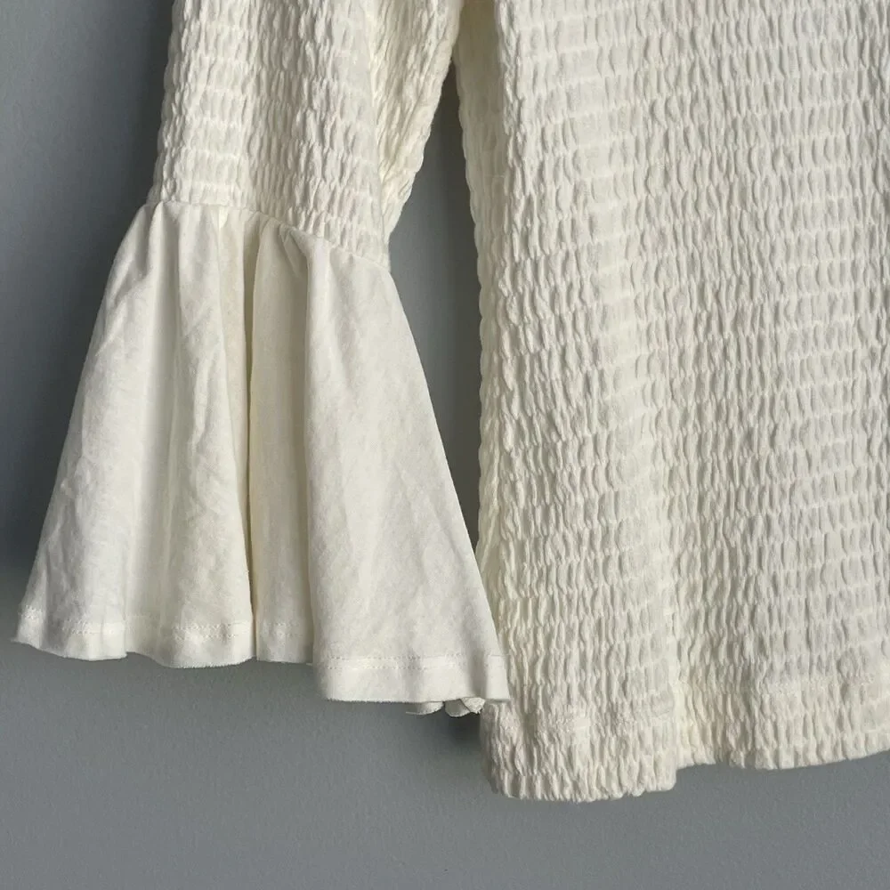 Anthropologie Smocked Bell Sleeve Top Size XS Cream Boho Chic Festival